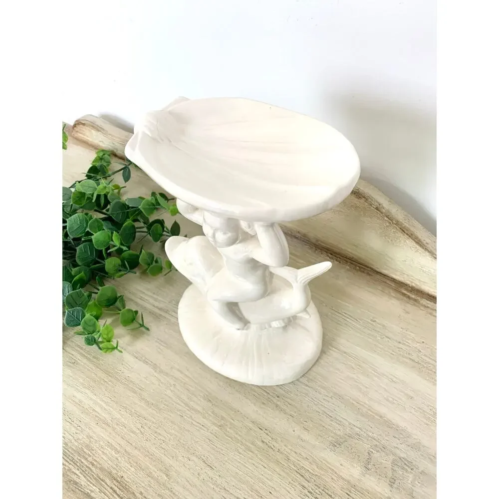 Vintage Cherub Dolphin Shell Compote Pedestal Bowl Pearlized Ceramic Coastal